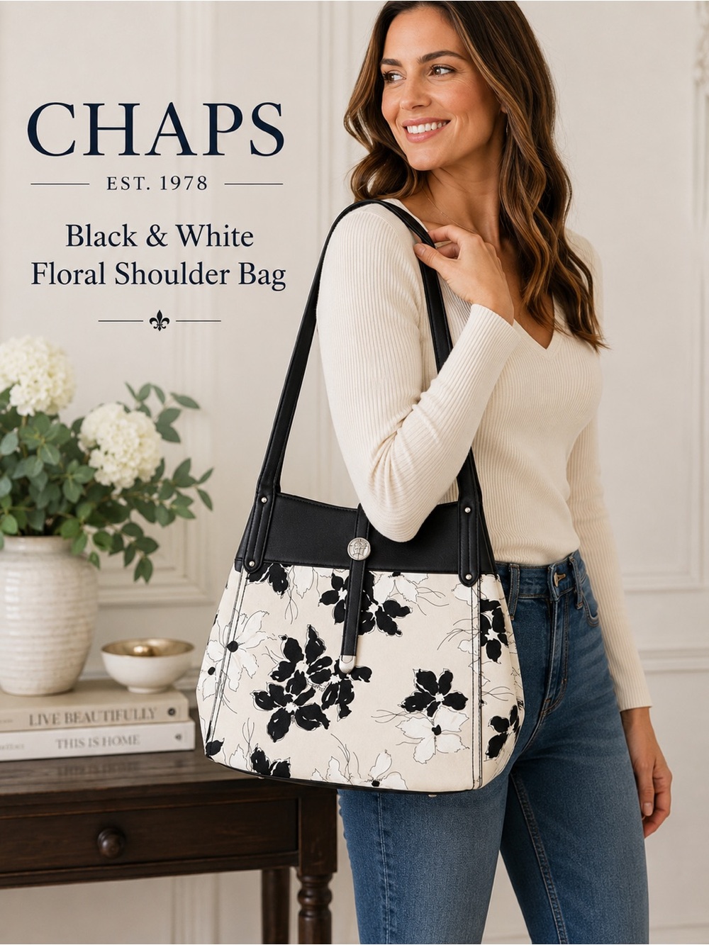 Chaps Black & White Floral Shoulder Bag women’s purse, feminine bag